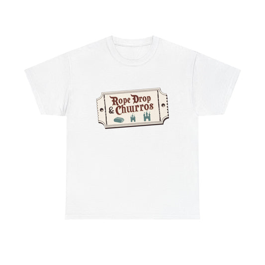 Rope Drop & Churros Unisex Heavy Cotton Tee - Perfect for Theme Park Enthusiasts